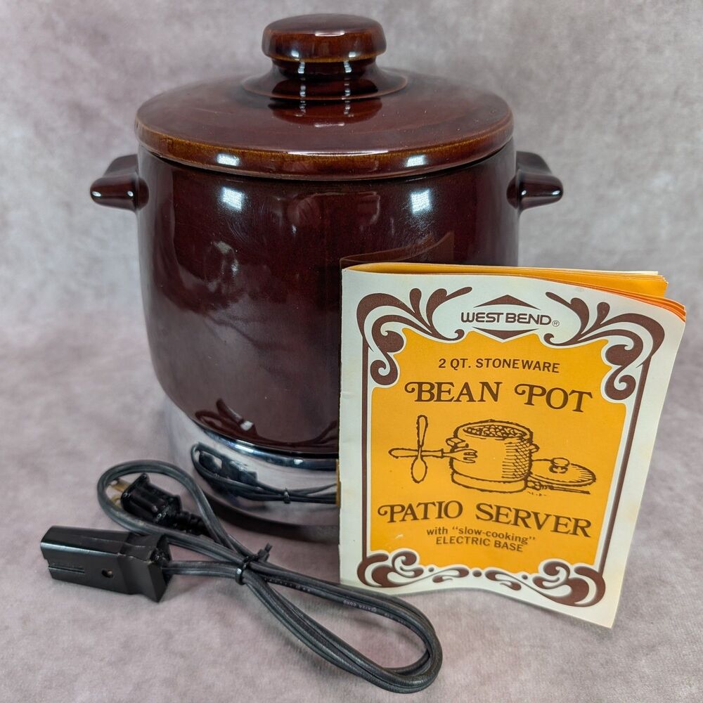 Vintage West Bend 2 Qt Stoneware Bean Pot Patio Server Electric Base With Manual